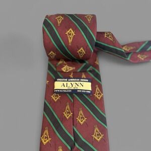 Alynn Vintage Masonic Freemason Silk Tie Burgundy Green Square Compass 58"‎